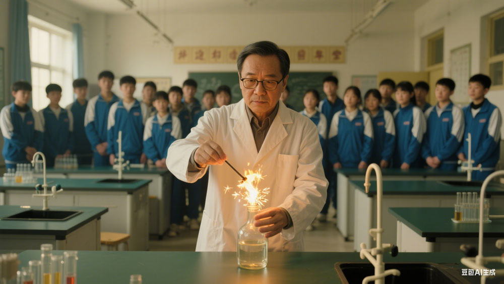 中学实验课上老师正在演示铁的燃烧