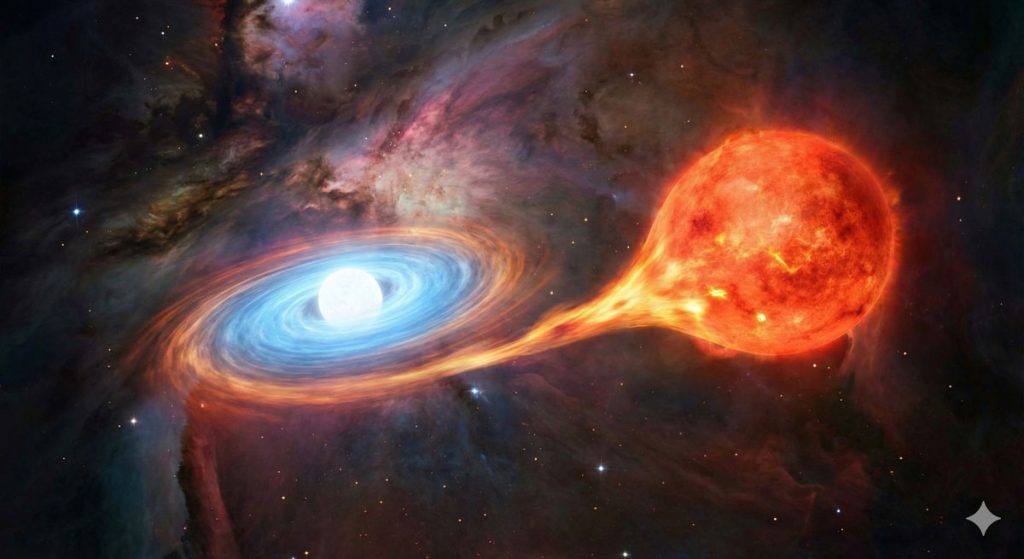 双星系统中另外一个恒星不断的吸取红矮星的物质，也可能将其强行转化为白矮星